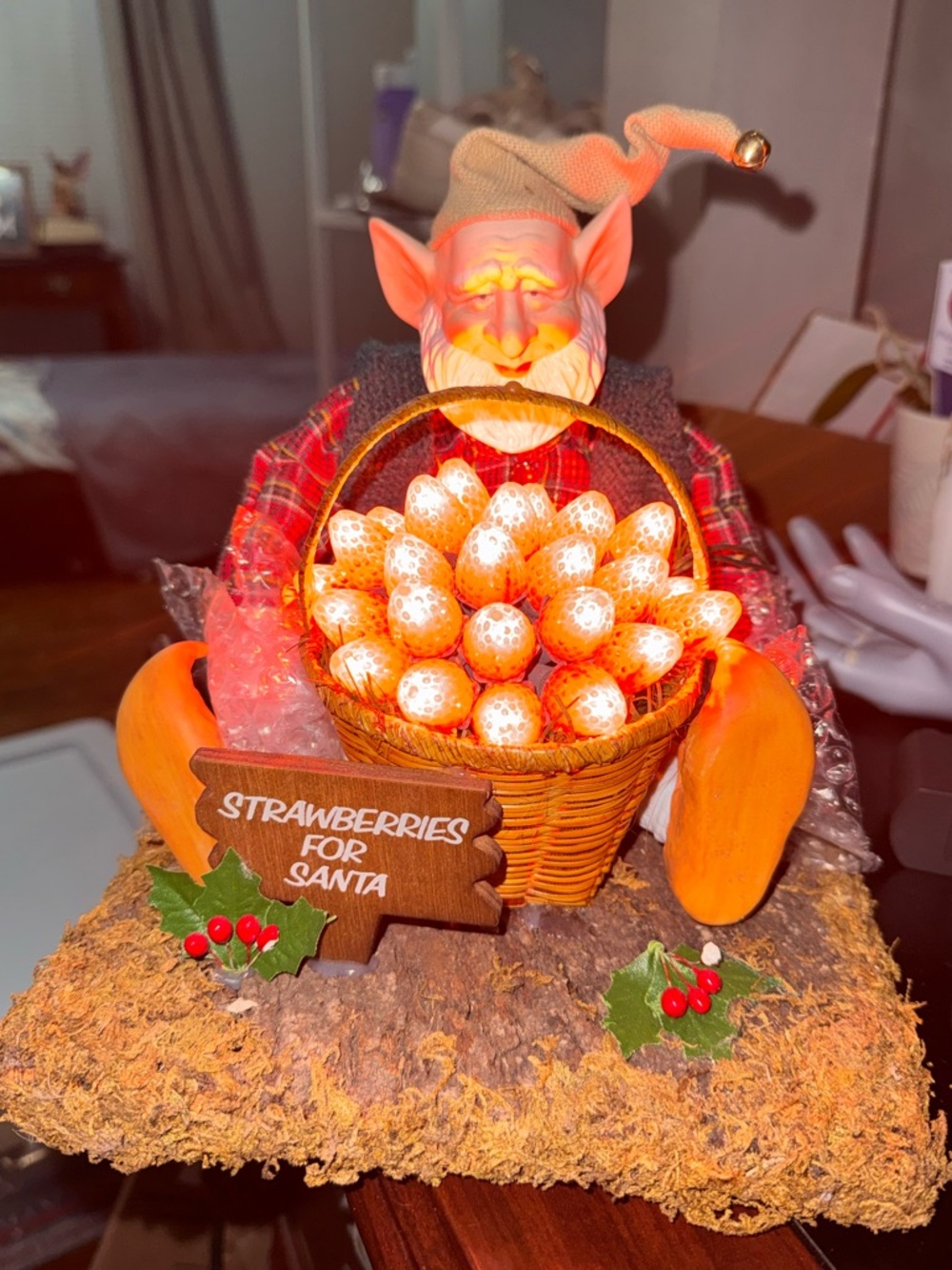 Handmade Elf Figurine with Basket of Strawberries